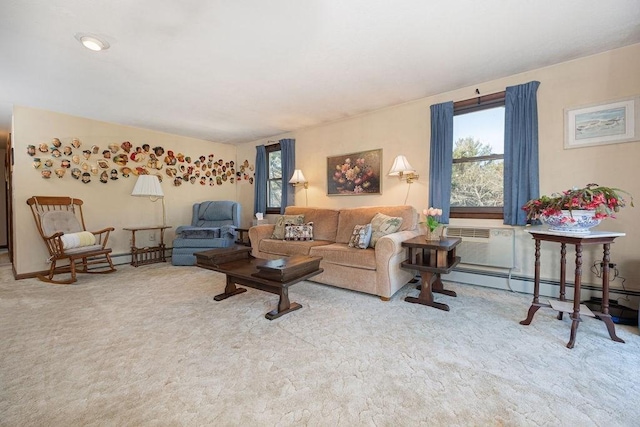 carpeted living room with a wall unit AC