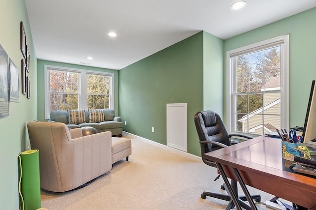 office area with recessed lighting, baseboards, and light colored carpet