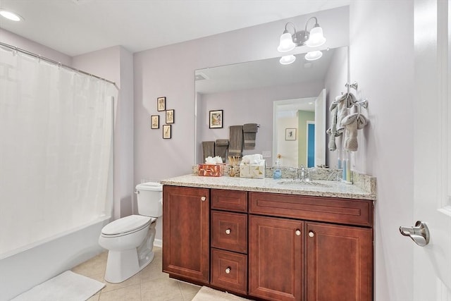 bathroom with shower / bath combination with curtain, vanity, toilet, and tile patterned floors