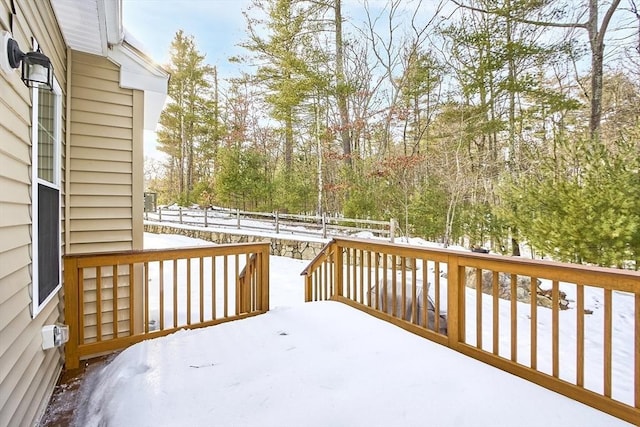 snow covered deck with fence