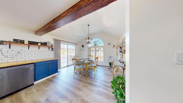 95 Prospect Street Ext, Westfield, MA 01085 - kitchen featuring blue cabinetry, hanging light fixtures, light hardwood / wood-style flooring, stainless steel dishwasher, and decorative backsplash