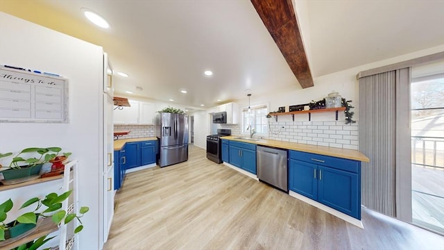95 Prospect Street Ext, Westfield, MA 01085 - kitchen featuring beam ceiling, sink, stainless steel appliances, light hardwood / wood-style flooring, and blue cabinets
