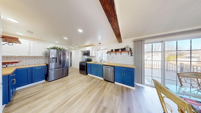 95 Prospect Street Ext, Westfield, MA 01085 - kitchen featuring beam ceiling, sink, light hardwood / wood-style flooring, blue cabinets, and appliances with stainless steel finishes