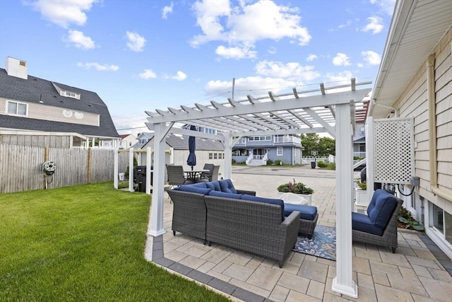 view of patio featuring outdoor lounge area, fence, a residential view, and a pergola