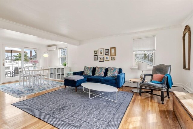 living room featuring baseboards, wood finished floors, an AC wall unit, and ornamental molding