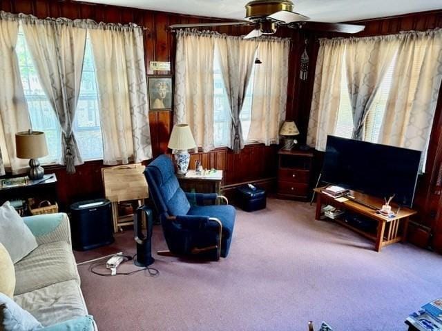 6 Damon Rd, Scituate, MA 02066 - carpeted living room with plenty of natural light, wood walls, and ceiling fan