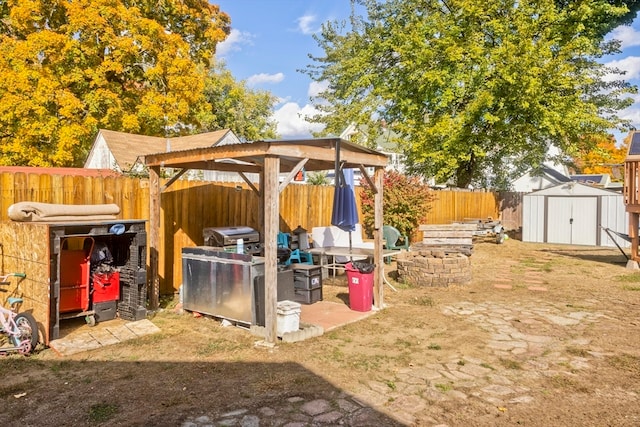 view of yard featuring a storage shed