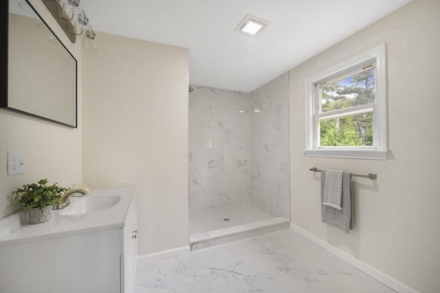 1030 Oak St, Dighton, MA 02764 - bathroom with vanity, marble look tiles, and a marble finish shower