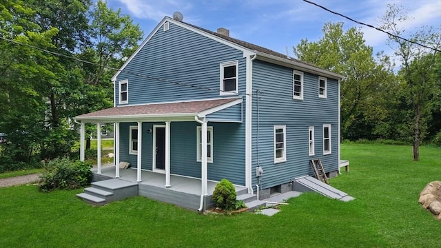1030 Oak St, Dighton, MA 02764 - rear view of property with covered porch, a chimney, a lawn, and roof with shingles