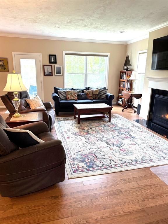 186 Stone Hill Dr Unit 186, Northbridge, MA 01588 - living area featuring ornamental molding, a fireplace with flush hearth, and wood finished floors