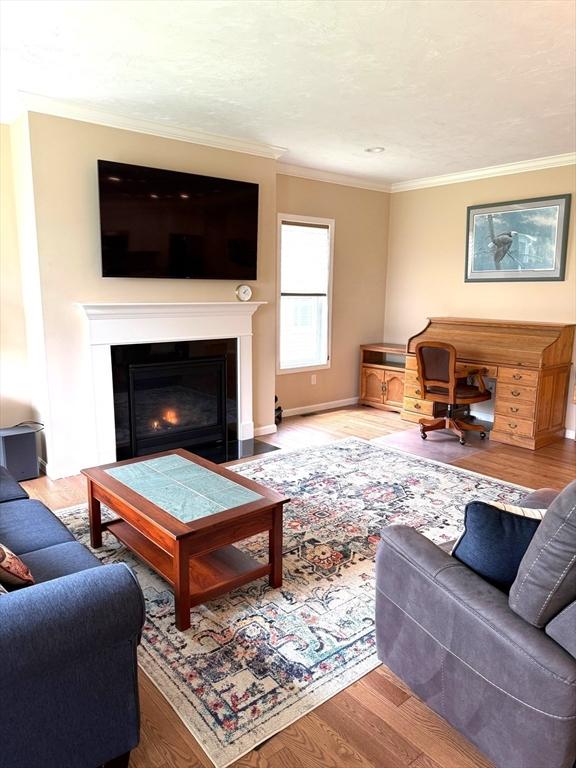 186 Stone Hill Dr Unit 186, Northbridge, MA 01588 - living room with ornamental molding, a fireplace with flush hearth, wood finished floors, and an office area