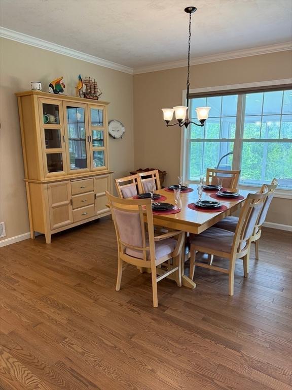 186 Stone Hill Dr Unit 186, Northbridge, MA 01588 - dining room with dark wood-type flooring, plenty of natural light, crown molding, a chandelier, and baseboards