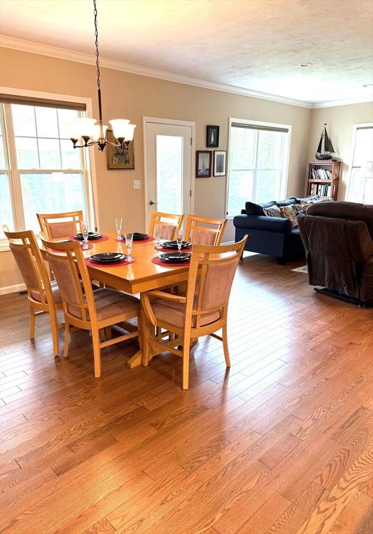 186 Stone Hill Dr Unit 186, Northbridge, MA 01588 - dining area featuring healthy amount of natural light, light wood-style floors, ornamental molding, and a chandelier
