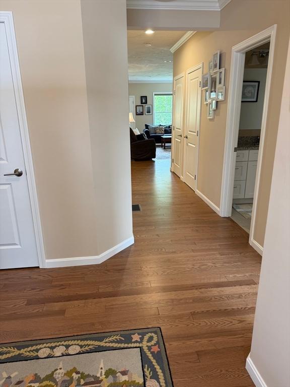 186 Stone Hill Dr Unit 186, Northbridge, MA 01588 - corridor with crown molding, wood finished floors, baseboards, and recessed lighting