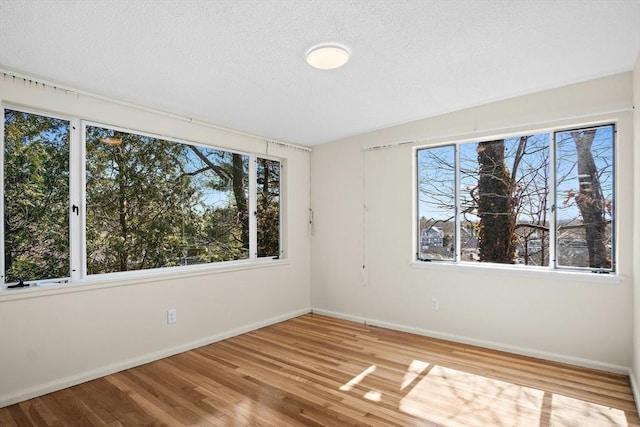empty room with a textured ceiling, plenty of natural light, wood finished floors, and baseboards