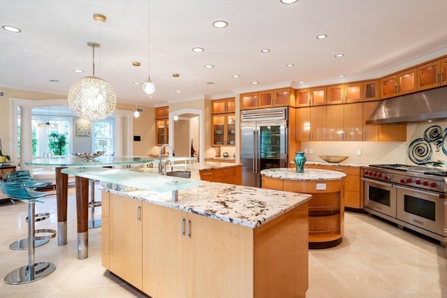 kitchen with a large island, high end appliances, crown molding, pendant lighting, and sink