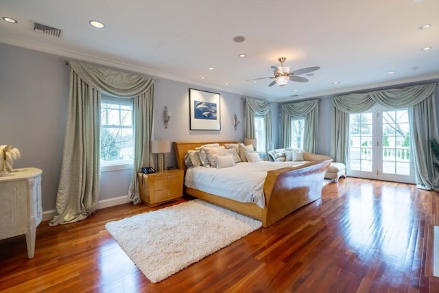 bedroom featuring ceiling fan, hardwood / wood-style floors, access to outside, and ornamental molding