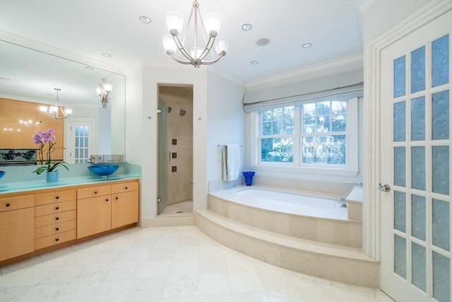 bathroom with crown molding, french doors, plus walk in shower, and a chandelier