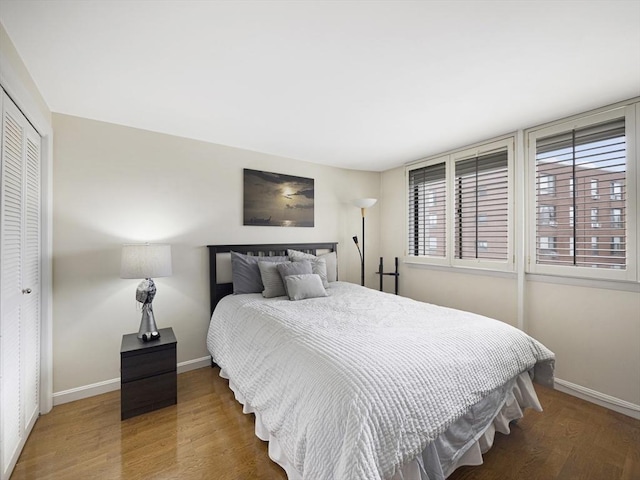 bedroom with hardwood / wood-style floors and a closet