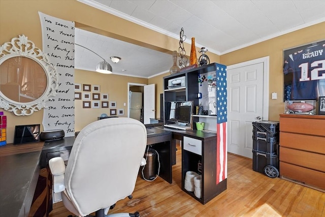 office space featuring ornamental molding and wood finished floors