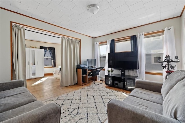 living room with baseboards, crown molding, and wood finished floors