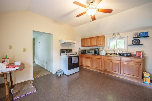 9 Sherman St, Westfield, MA 01085 - kitchen with white range with electric stovetop, under cabinet range hood, a sink, lofted ceiling, and a ceiling fan