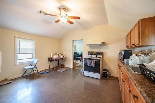 9 Sherman St, Westfield, MA 01085 - kitchen featuring electric stove, under cabinet range hood, a ceiling fan, brown cabinets, and baseboards