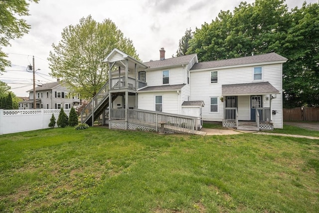 9 Sherman St, Westfield, MA 01085 - back of house featuring a chimney, a deck, stairs, covered porch, and roof with shingles