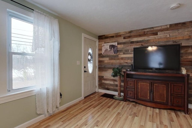 living room featuring wood walls and light wood-type flooring