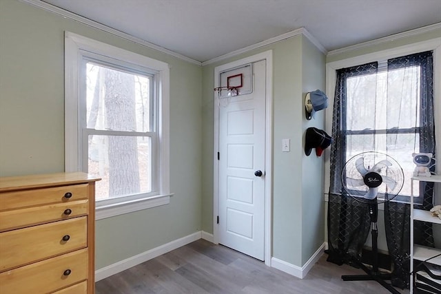 interior space featuring crown molding and hardwood / wood-style flooring