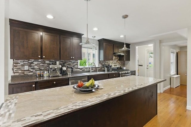 33 Walworth St, Worcester, MA 01602 - kitchen with appliances with stainless steel finishes, dark brown cabinets, backsplash, light wood-style flooring, and pendant lighting