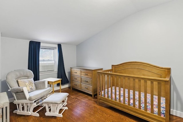 33 Walworth St, Worcester, MA 01602 - bedroom featuring lofted ceiling, dark wood-style floors, a nursery area, and radiator