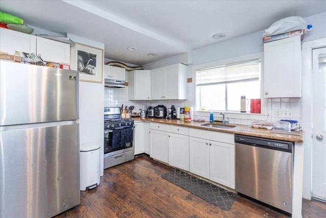 kitchen with dark hardwood / wood-style flooring, sink, white cabinetry, and stainless steel appliances