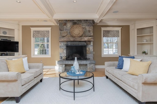 living room featuring wood-type flooring, a wealth of natural light, and coffered ceiling