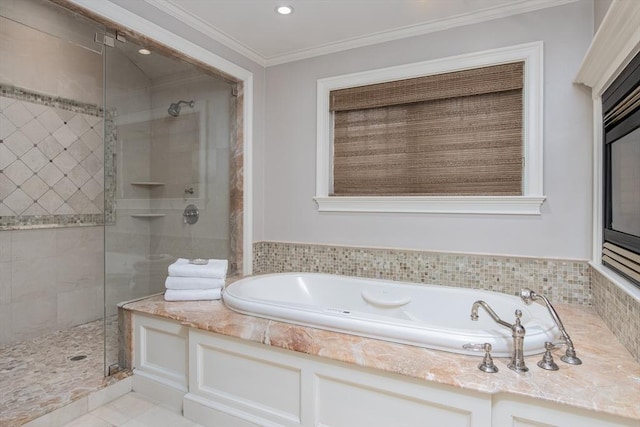 bathroom with tile patterned flooring, plus walk in shower, and ornamental molding