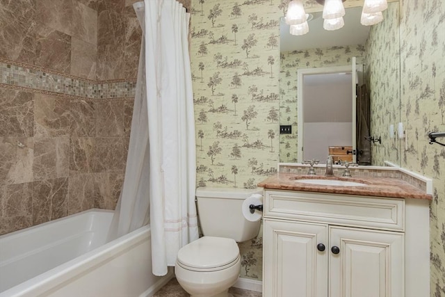 full bathroom with vanity, toilet, and shower / tub combo with curtain