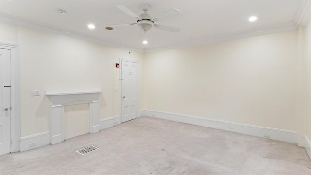 unfurnished room featuring light carpet, visible vents, ceiling fan, ornamental molding, and recessed lighting