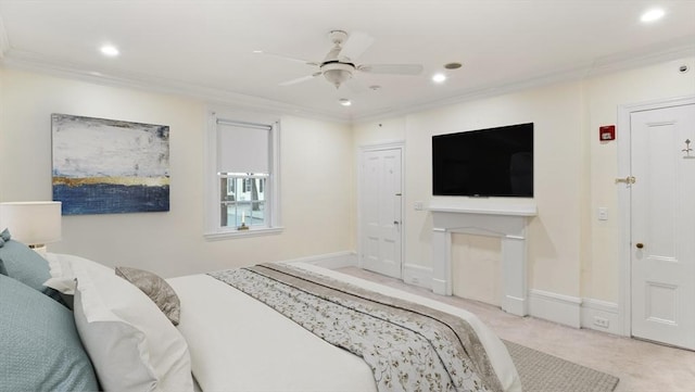 carpeted bedroom featuring baseboards, ornamental molding, and recessed lighting