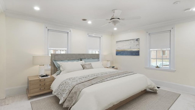 bedroom with recessed lighting, crown molding, and baseboards