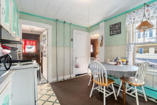 121 Purchase St, Milford, MA 01757 - dining space with wallpapered walls, wainscoting, plenty of natural light, and light flooring