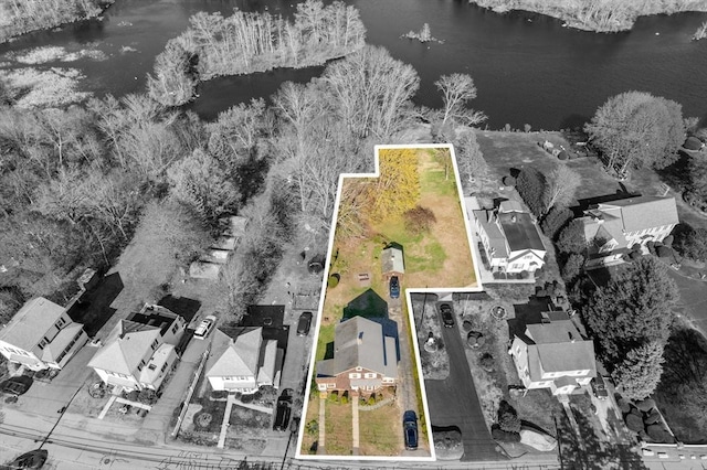 121 Purchase St, Milford, MA 01757 - aerial perspective of suburban area with a nearby body of water and property boundaries highlighted
