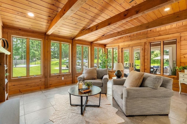 sunroom / solarium with wood ceiling, french doors, and vaulted ceiling with beams