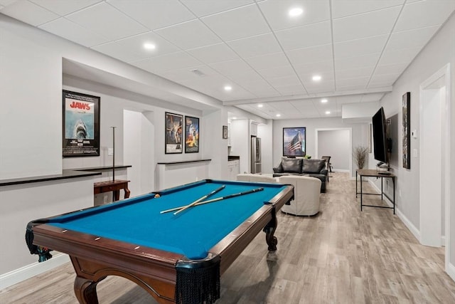 recreation room with recessed lighting, a paneled ceiling, light wood-style floors, billiards, and baseboards