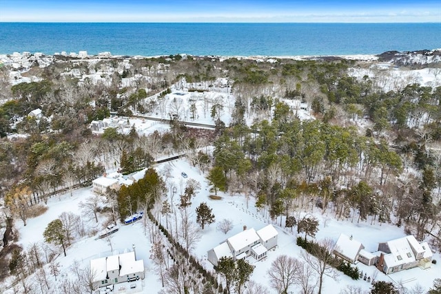 snowy aerial view with a water view