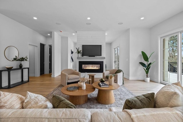 living room featuring light hardwood / wood-style floors and a large fireplace