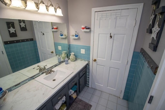 272 S Precinct, Taunton, MA 02718 - bathroom featuring tile patterned flooring, vanity, wainscoting, and tile walls
