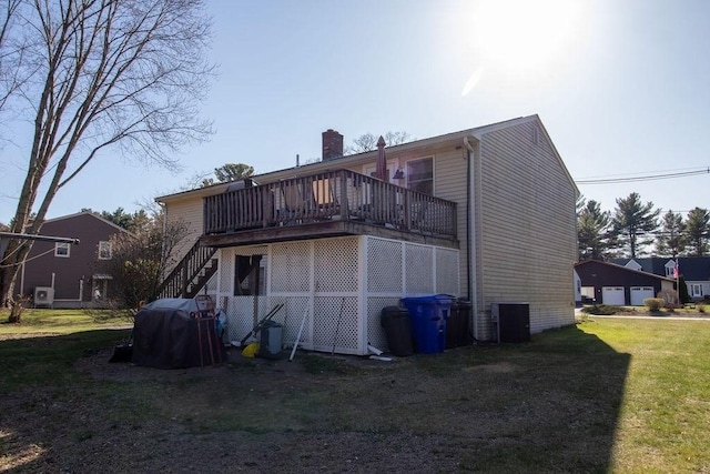 272 S Precinct, Taunton, MA 02718 - back of property featuring a wooden deck, cooling unit, a yard, stairway, and a chimney