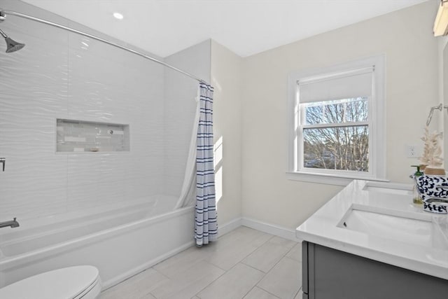 full bathroom featuring toilet, vanity, shower / tub combo with curtain, and tile patterned flooring