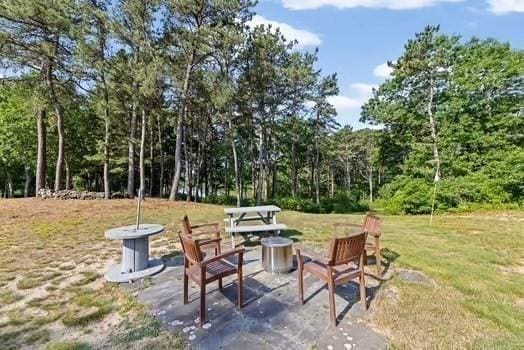 544 Lunns Way, Plymouth, MA 02360 - view of patio featuring an outdoor fire pit and a wooded view