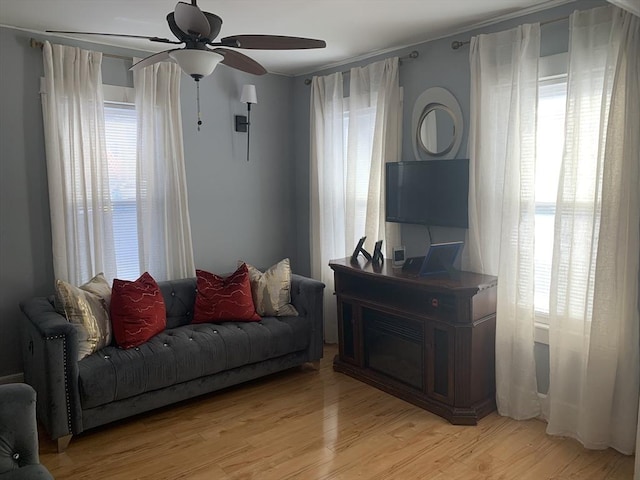 living room with ceiling fan, light hardwood / wood-style flooring, and plenty of natural light